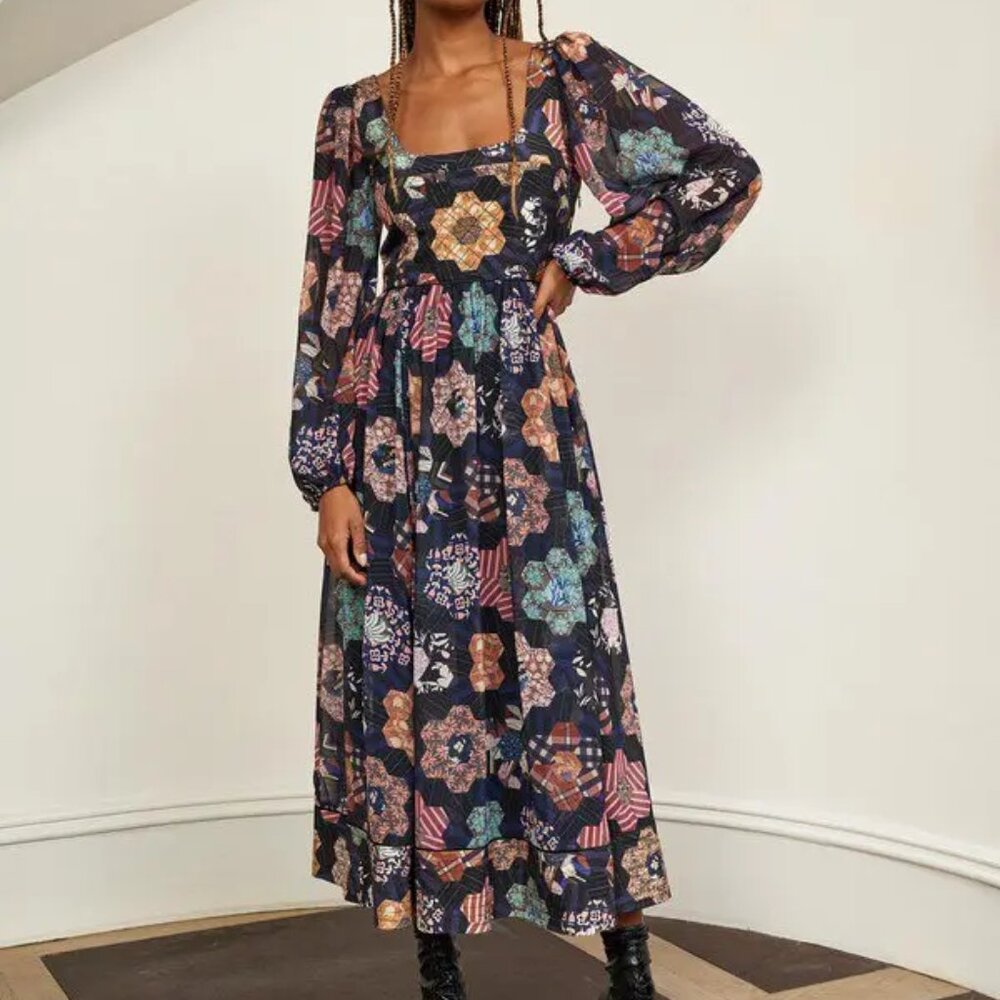 La Ligne Navy Floral Patchwork Long Sleeve Maxi Dress